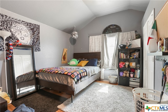 bedroom featuring lofted ceiling and hardwood / wood-style flooring