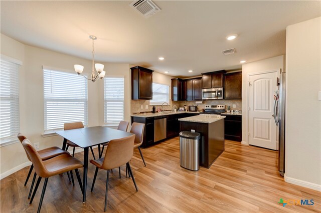 kitchen with appliances with stainless steel finishes, hanging light fixtures, a kitchen island, and plenty of natural light