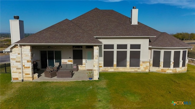3004 Hester Way, Salado, TX 76571 - back of property with a chimney, stone siding, outdoor lounge area, a shingled roof, and a patio