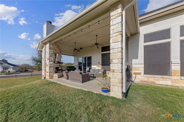 3004 Hester Way, Salado, TX 76571 - view of patio featuring an outdoor living space with a fireplace, ceiling fan, and grilling area