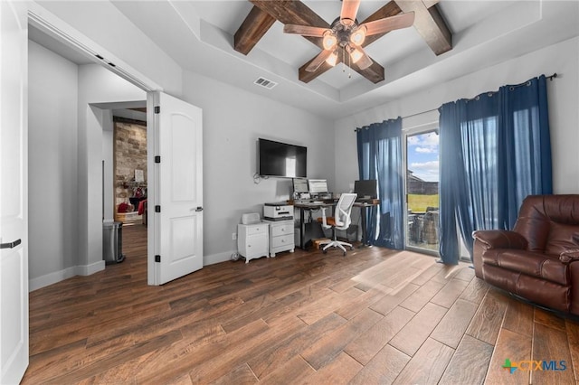 office area featuring beamed ceiling, ceiling fan, dark wood-type flooring, and coffered ceiling