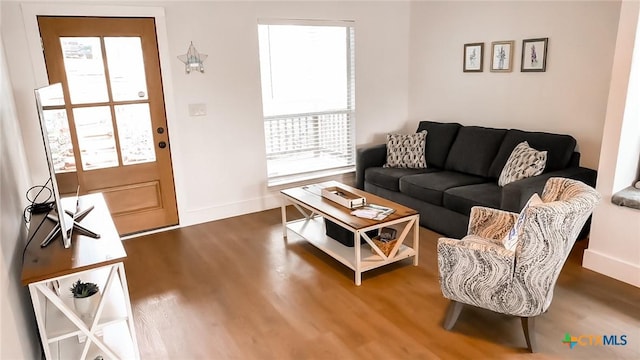 living room featuring a wealth of natural light, baseboards, and wood finished floors