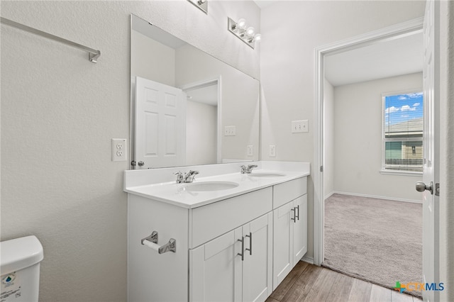 bathroom featuring hardwood / wood-style flooring, vanity, and toilet