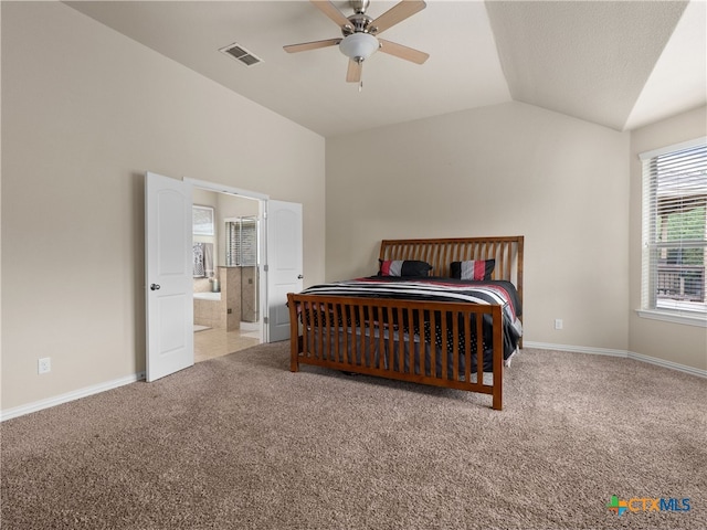 515 Secluded Grv, San Antonio, TX 78253 - bedroom featuring vaulted ceiling, carpet flooring, baseboards, ensuite bath, and ceiling fan