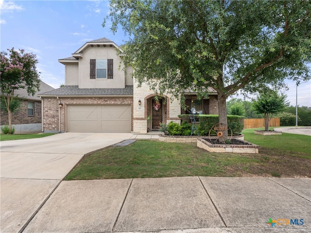 515 Secluded Grv, San Antonio, TX 78253 - view of front of house featuring driveway, brick siding, a garage, stucco siding, and a shingled roof