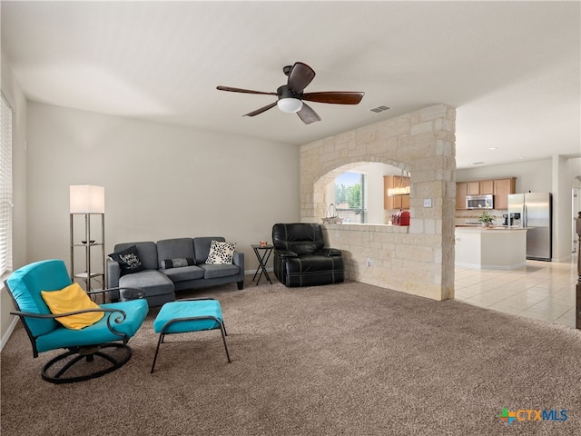 515 Secluded Grv, San Antonio, TX 78253 - living room with ceiling fan, light carpet, and baseboards