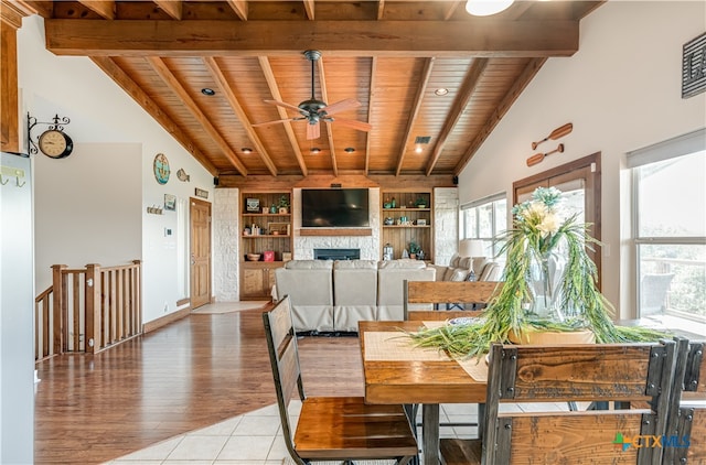 dining space featuring hardwood / wood-style floors, a healthy amount of sunlight, and wood ceiling