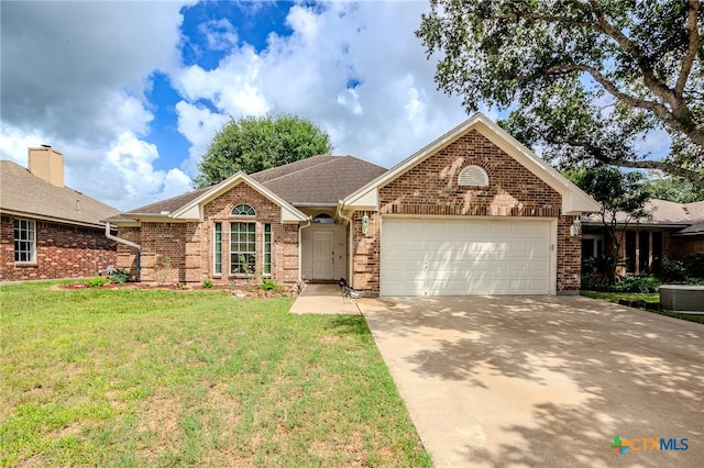 ranch-style home with a garage, cooling unit, and a front yard