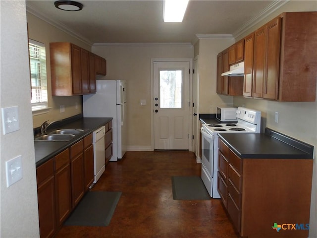 2807 Terrace Dr, Killeen, TX 76543 - kitchen featuring white appliances, a sink, dark countertops, crown molding, and under cabinet range hood