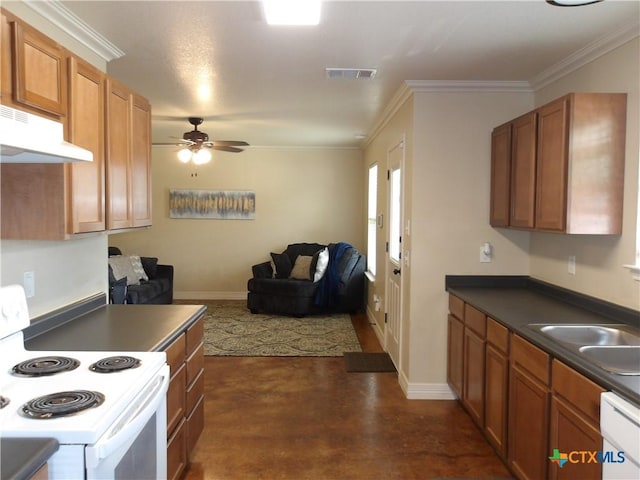 2807 Terrace Dr, Killeen, TX 76543 - kitchen featuring white appliances, under cabinet range hood, dark countertops, a ceiling fan, and finished concrete flooring