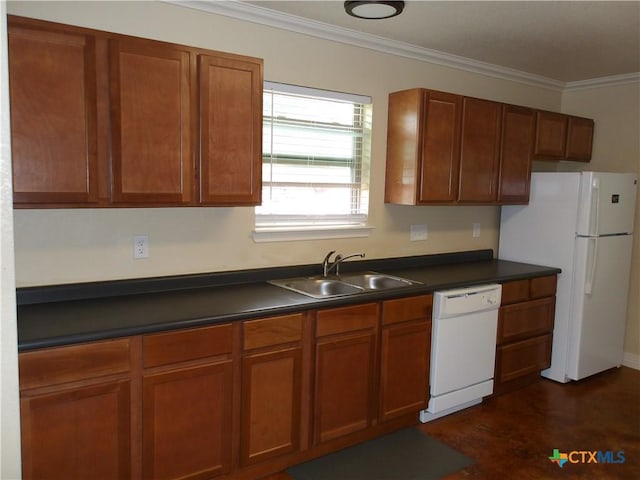 2807 Terrace Dr, Killeen, TX 76543 - kitchen with white appliances, a sink, dark countertops, ornamental molding, and brown cabinetry