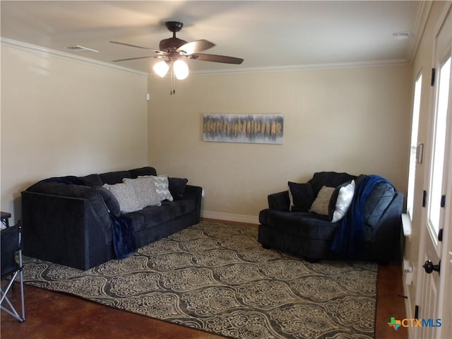 2807 Terrace Dr, Killeen, TX 76543 - living room with a ceiling fan, crown molding, and baseboards
