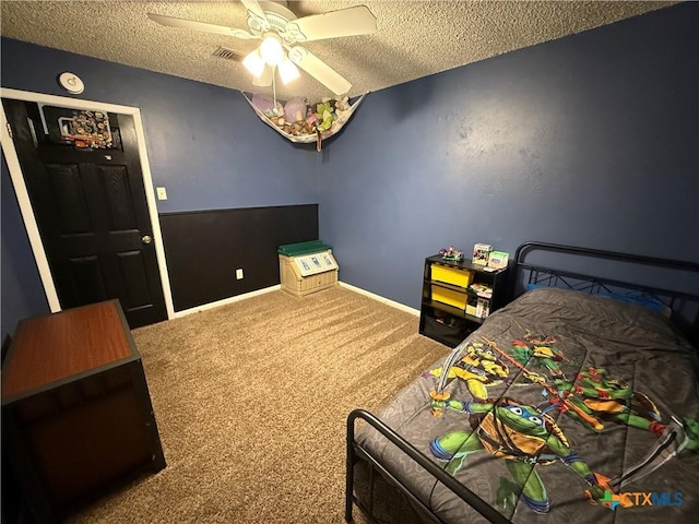 809 Michelle Dr, Copperas Cove, TX 76522 - bedroom featuring ceiling fan, a textured ceiling, visible vents, carpet floors, and baseboards