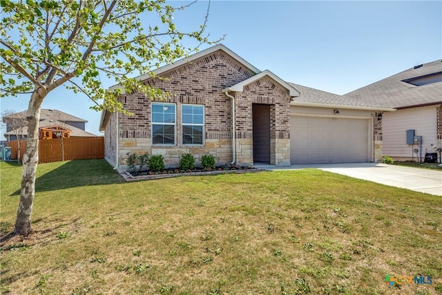 772 Armadillo Dr, Seguin, TX 78155 - single story home with a front lawn, stone siding, concrete driveway, an attached garage, and brick siding