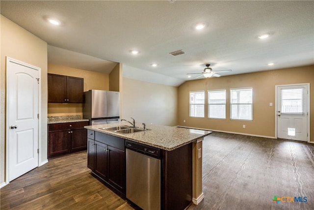 772 Armadillo Dr, Seguin, TX 78155 - kitchen featuring a ceiling fan, visible vents, plenty of natural light, a sink, and stainless steel appliances