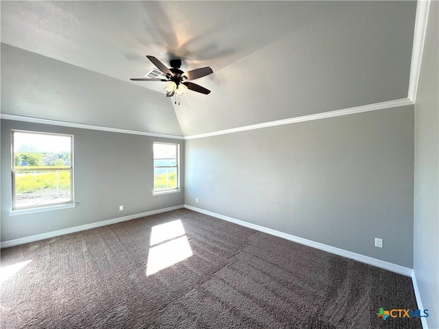 913 Antelope Trl, Temple, TX 76504 - carpeted empty room featuring baseboards, ceiling fan, vaulted ceiling, and crown molding