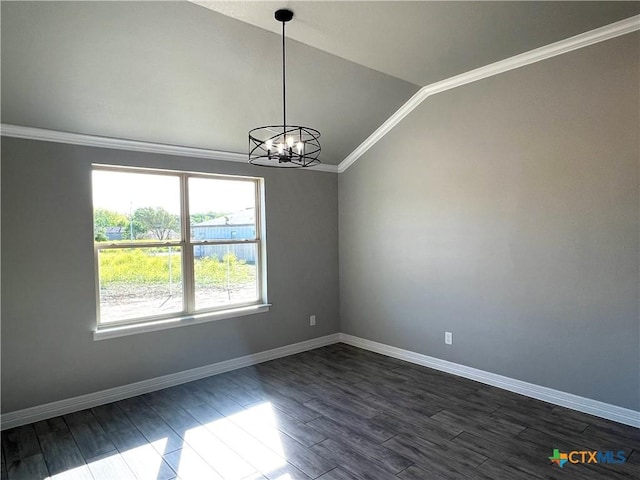 913 Antelope Trl, Temple, TX 76504 - empty room featuring vaulted ceiling, a chandelier, dark wood-type flooring, ornamental molding, and baseboards