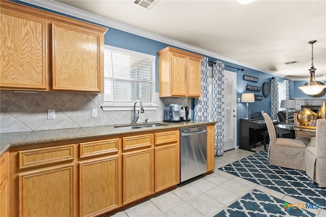 kitchen with decorative backsplash, dishwasher, open floor plan, a sink, and light tile patterned flooring