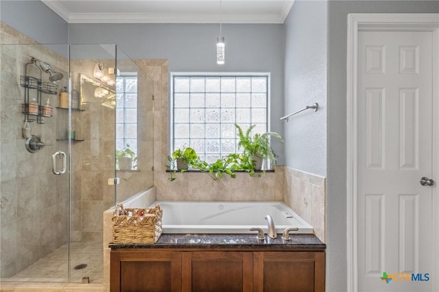 408 O W Lowrey, Salado, TX 76571 - full bath with a shower stall, a garden tub, and ornamental molding