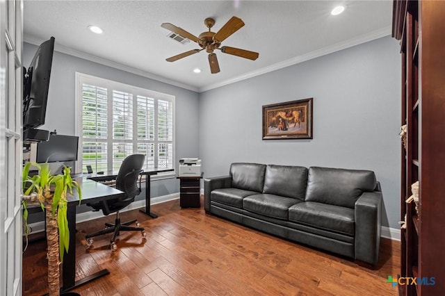 408 O W Lowrey, Salado, TX 76571 - office area with a ceiling fan, wood finished floors, recessed lighting, baseboards, and crown molding
