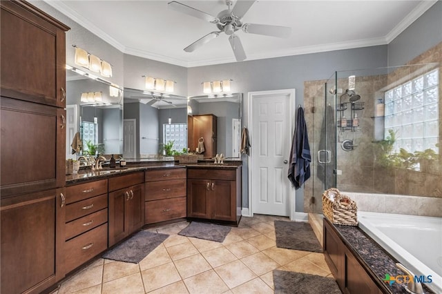 408 O W Lowrey, Salado, TX 76571 - full bath featuring ceiling fan, a shower stall, tile patterned floors, a bath, and double vanity
