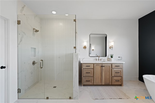 bathroom with vanity and plus walk in shower