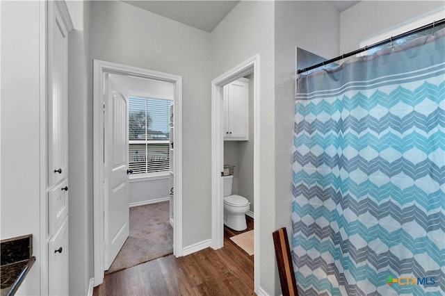 bathroom featuring hardwood / wood-style floors and curtained shower