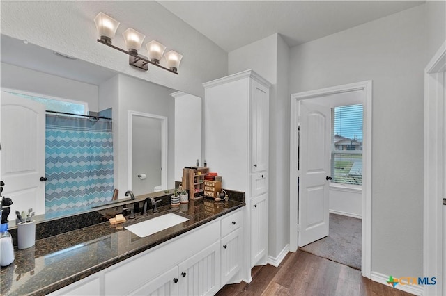 bathroom with walk in shower, wood-type flooring, and vanity