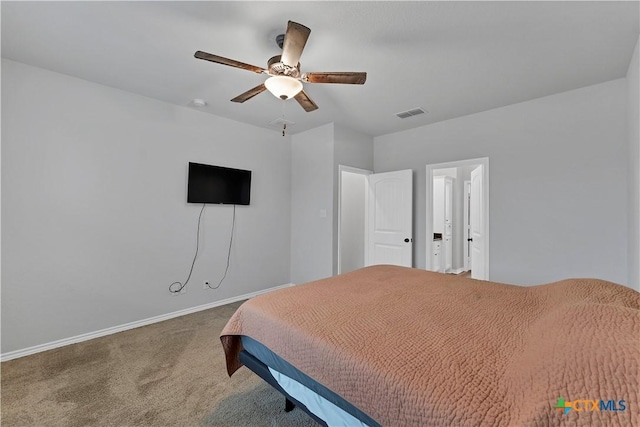 bedroom with ceiling fan and carpet