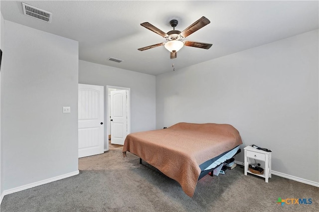 bedroom featuring ceiling fan and carpet