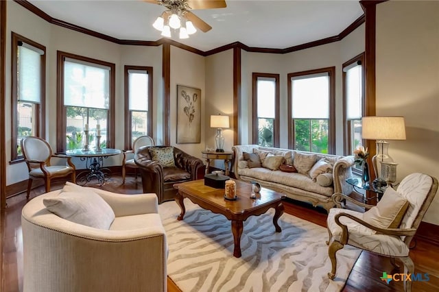 living room with crown molding, ceiling fan, hardwood / wood-style floors, and a healthy amount of sunlight