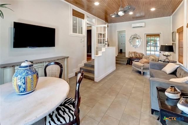 tiled living room featuring a wall mounted air conditioner, ceiling fan, and wood ceiling