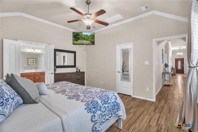 bedroom featuring ornamental molding, ceiling fan, lofted ceiling, connected bathroom, and light wood-type flooring