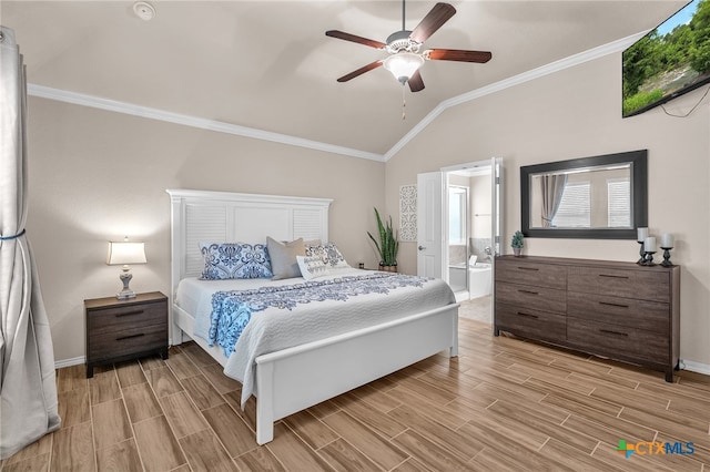 bedroom with connected bathroom, ceiling fan, and light hardwood / wood-style flooring