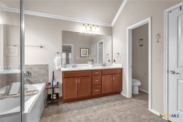 full bathroom with ornamental molding, independent shower and bath, vanity, toilet, and vaulted ceiling