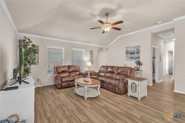 living room with ceiling fan, lofted ceiling, crown molding, and light hardwood / wood-style flooring