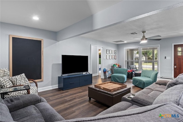 4007 Austin Ave, Waco, TX 76710 - living area with dark wood-style flooring, a ceiling fan, and recessed lighting