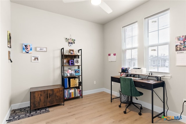 office featuring light hardwood / wood-style flooring and ceiling fan