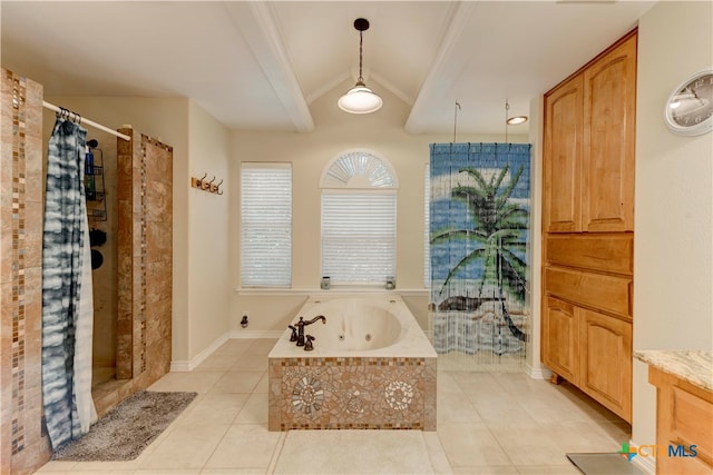 bathroom with tile patterned flooring, shower with separate bathtub, vanity, and ornamental molding