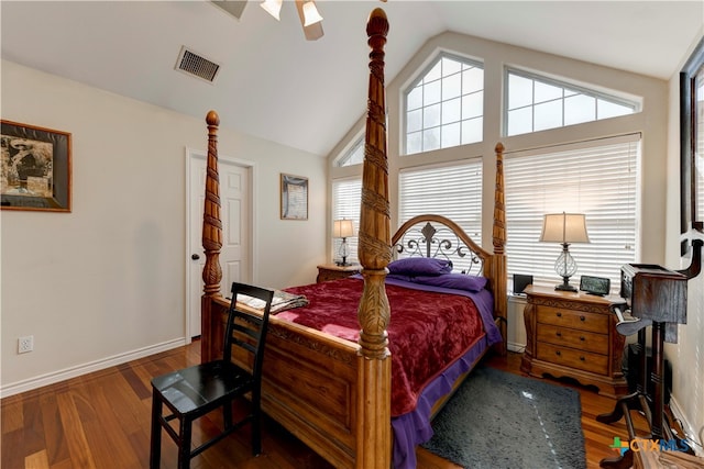 bedroom with wood-type flooring, vaulted ceiling, and ceiling fan