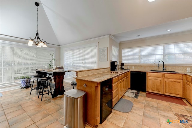 kitchen with dishwasher, hanging light fixtures, a healthy amount of sunlight, and sink