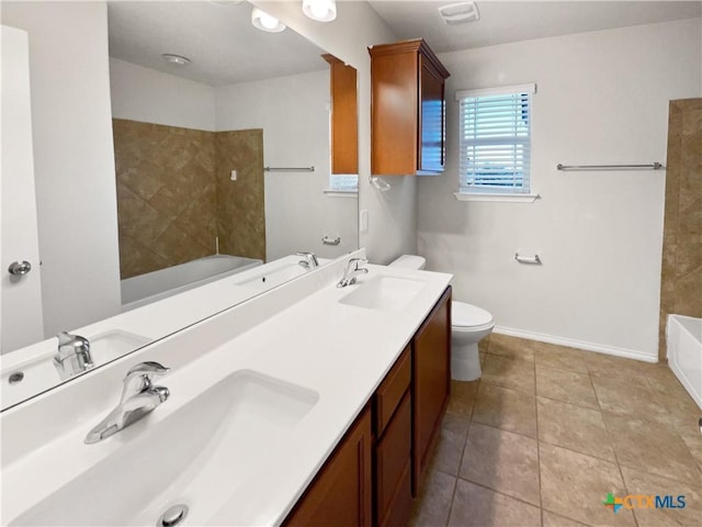 full bathroom featuring tile patterned flooring, shower / tub combination, vanity, and toilet