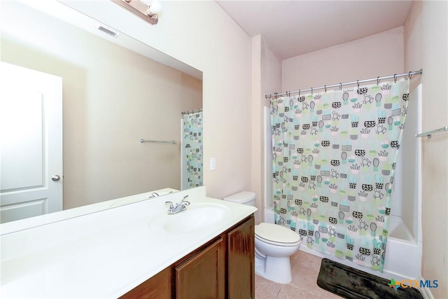 full bathroom with toilet, tile patterned floors, vanity, and shower / bathtub combination with curtain