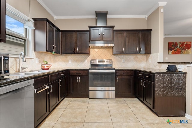 kitchen featuring crown molding, dark brown cabinets, a sink, under cabinet range hood, and stainless steel appliances