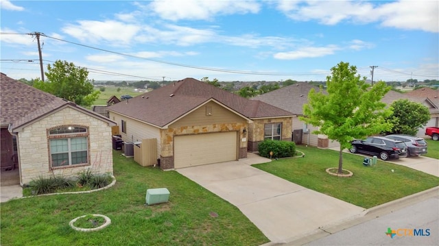 ranch-style home with a shingled roof, stone siding, a garage, a front yard, and driveway