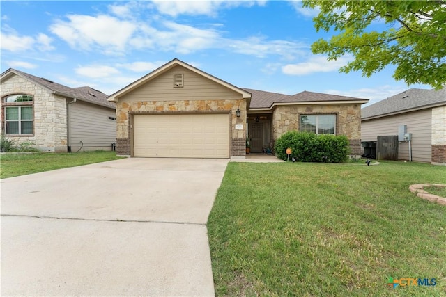 single story home with a garage, a front lawn, stone siding, and concrete driveway