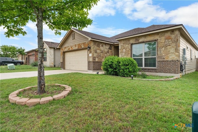 ranch-style house with a front yard, driveway, stone siding, and a garage