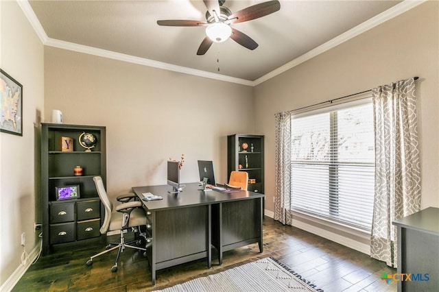 office area featuring baseboards, crown molding, a ceiling fan, and dark wood-style flooring