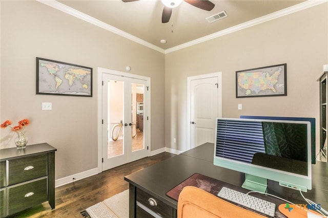 home office with visible vents, dark wood finished floors, french doors, crown molding, and ceiling fan