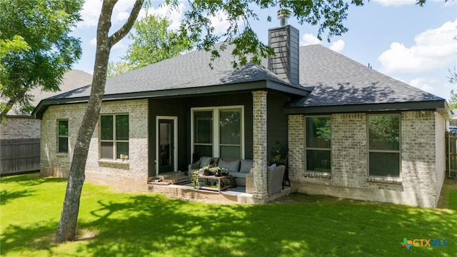 2823 Pistoia Trl, Temple, TX 76502 - rear view of house featuring brick siding, an outdoor hangout area, roof with shingles, and a chimney